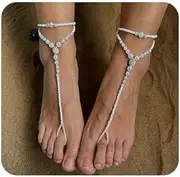 [Shegirl] Boho Beaded Anklet Set - 2PCS Pearl Layered Toe Ring Chain for Women Elastic Beach Jewelry for Summer Parties Giftable Adjustable Foot Bracelet, Standard size, Plastic, rhodochrosite