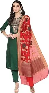 [BIBA] Ladies Kurta Slim Pant Poly Viscose Straight Suit Set Green and Red