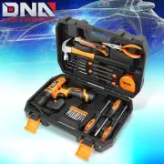 27PCS HOUSEHOLD HAND TOOL KIT PLIERS HAMMER CORDLESS DRILL W/BITS TOOLBOX ORANGE