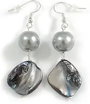[Avalaya] Black Shell Grey Glass Bead Drop Earrings in Silver Tone - 60mm Long, One Size, sea shell
