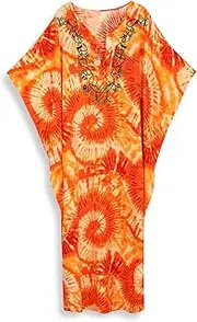 [EDOLYNSA] Moroccan Kaftan Dresses for Women Plus Size Caftans Loungewear Embroidered Beach Kaftan Cover up mumu House Dress