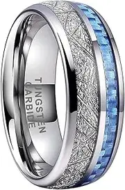 [Wozya] 8 mm Tungsten Carbide Ring Blue Carbon Fiber Meteorite Inlay Rings for Men Women Engagement Wedding Band