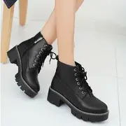 Lace-Up Platform Short Boots Anti-Slip - Fleece-Lined - Black - 36