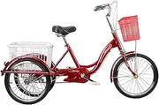 Adult Tricycles 20inch Trikes 3 Wheel Bikes Three-Wheeled Cruise Trike with Front&Rear Baskets for Recreation Shopping Picnics Exercise Red, Tricycle