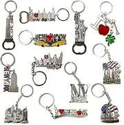 12 Pack Silver NYC Souvenir Collection New York Metal Keychain Ring Bundle Bulk Includes Empire State, Freedom Tower, Statue of Liberty, USA Flag,NY Cab, Apple, Bottle Opener Too and More