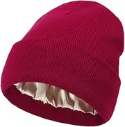 [Generic] Yourbro Wine red Silk Lined Winter Knitted Hats Beanies Satin Lined Knit Beanie hat Cap with Satin Lined, Black, Blue, Wine Red , Fuschia, Camel, Small-X-Large