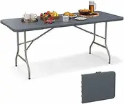 Costway 180cm Outdoor Portable Folding Table, 160kg Fold-in-Half Table w/Wood Grain HDPE Tabletop, Safe Lock Mechanism, Patio Folding Dining Table w/Carrying Handle for Party, Picnic (Gray)