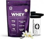 Pure Product Australia - Whey Protein Concentrate & Isolate -100% Premium Grass Fed AU & NZ Whey - 24g Protein per Serve - Non GMO - 5kg (165 Servings) - Vanilla + Glass shaker