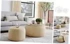 25" Round Stroage Ottoman with 1 Small Footstool, Upholstered Coffee Natural 2