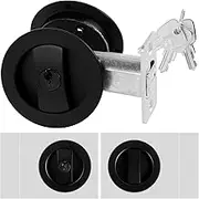 Bed/Bath Pocket Door Lock and Pull Round Privacy Door Lock with Key Recessed 2 Sided Invisible Sliding Door Locks Hardware for 1 3/8 Inch to 1 15/16 Inch Thickness Door (Black)