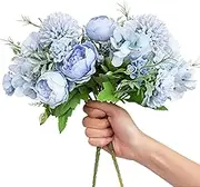 Artificial Flowers, 2 Pack Fake Peony Silk Light Blue Hydrangea Bouquet Decor Plastic Carnations Daisy Realistic Flower Arrangements Wedding Decoration Table Centerpieces, for Home Office Party Decor