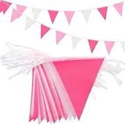 20m 52pcs 3 Colors Rose White Pink Pennant Bunting,16×22cm Polyester Fabric Reusable Triangle Flags Banner for Indoor Outdoor Birthday Kid Party Decorations