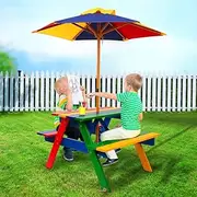 Keezi Kids Outdoor Table and Chairs Set, Children Picnic Bench with Umbrella Dining Tables Drawing Chair Eating Desks Painting Activity Play Setting Home Living Room Bedroom Furniture, Colourful