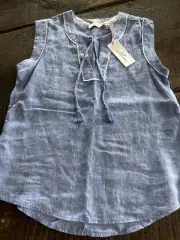 Vineyard Vines Womens Top Sz XS Blouse Notch Neck Tassel Popover 100% Linen Blue