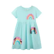 Nevenka Girls Dress with Rainbow Sequins Short Sleeve Cotton A-Lined Dress