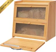 Large Bamboo Bread Box with Cutting Board Knife and Acrylic Door Storage