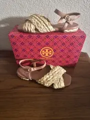 NEW Tory Burch Kira Quilted Raffia Ankle Strap Flat Sandal Size 7,5