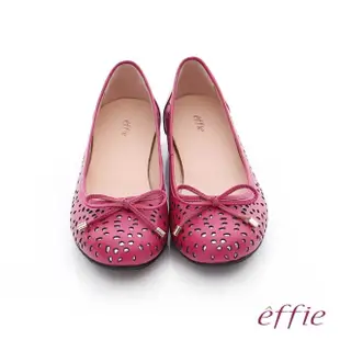 【effie】都會舒適 全真皮鏤空金箔蝴蝶結飾平底鞋(桃粉紅)