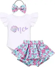 [FYMNSI] Baby Girls Mouse 1st Birthday Outfit Sunflower Peach ONE Romper + Tutu Shorts + Headband for Cake Smash Photo Props
