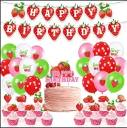 Strawberry Theme Party Decorating Set - Birthday Banner - Latex Balloons - Cake Cupcake Toppers for Summer Farm Fruit Theme Kids Birthday Decor