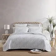[Tommy Bahama] King Quilt Set, Reversible Cotton Bedding with Matching Shams, Pre-Washed for Added Softness (Distressed Water Leaves Grey, King), Grey/White