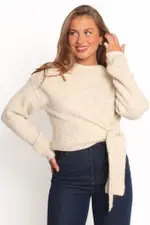[PUP44] Ettie Wrap Side Tie Knit Sweater - Oatmeal S/M Beige