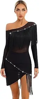 [Yhong] Women Fringe Tassel Latin Dance Dress Asymmetrical Rumba Samba Salsa Ballroom Dancewear