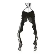 Halter Neck Plain Ruffled Asymmetrical Hem Crop Camisole Top Black - L