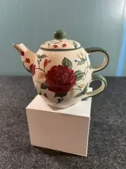 Vintage Stackable Tea Set For One Single Serve Teapot Cup Mug Cermic New in Box
