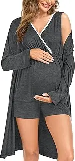 [SWOMOG] Maternity Nursing Robe Set 3 Piece Postpartum Breastfeeding Pajamas 3 in 1 Hospital Labor Delivery Pregnancy Pjs, Deep Grey-shorts, X-Large