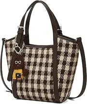 [FOXLOVER] Checkered Fabric Top-Handle Handbags for Women Small Bucket Basket Crossbody Purse with Doll