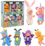 Barwa 6 Pcs 3 Inches Mini Reborn Baby Doll Toy Action Figures Tiny Lifelike Realistic Baby Doll with Animal Clothes Fun Ornament Small Baby Doll for Toddlers Kids Xmas Gift