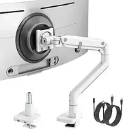 monTEK Single Monitor Arm with USB A/C, Ultrawide Monitor Stand for 17 to 57 Inch Curved Screen, Holds 59.4 lbs, Adjustable Gas Spring Arm, 75/100 VESA Mount, Clamp & Grommet Desk Mount, White