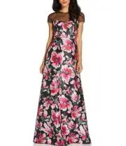 ADRIANNA PAPELL 8 Illusion Neck Floral Mikado Gown NWT $249