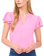 CeCe Split Neck Flutter Sleeve Top