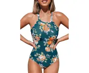 Women's One Piece Swimsuit Floral Print High Neck Scallop Bathing Suit