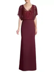 NWT Aidan Mattox Women Wine Beaded Flutter Sleeve Surplice Formal Long Gown