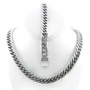 SOLID SILVER FINISH ANTI-TARNISH MIAMI CUBAN LINK CHAIN & BRACELET 13MM JayZ