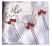 Campsis Pearl Bridal Wedding Hair Accessories and Jewelry - 3 Pack - Red