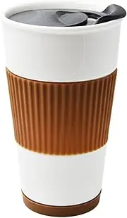 UDMG Ceramic Double Wall Insulated Travel Coffee Cup with Splash-Proof Slider Lid, Silicone Sleeve & Built-in Coaster, 10 fl.oz (Coffee)