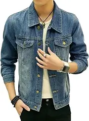 [Qolkmuiy-GJ] Men's Rugged Wear Button Denim Jacket Trucker Style Slim Fit Cowboy Coat Classic Long Sleeve Jean Jackets, Blue, X-Large