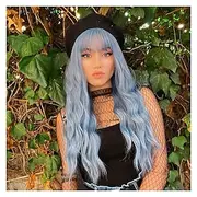 Long Blue Wig Women Long Wavy Pelucas Fluffy Curly Women Synthetic Fiber Realistic Fun Bang Light Blue Colorful Girls Wig Blue Carnival Wigs