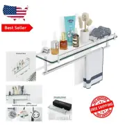 Durable 20-Inch Wall-Mounted Glass Shelf with Rust-Proof Towel Bar for Bathrooms