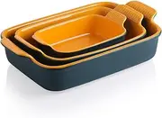 Sweejar Baking Pans Set, Ceramic 9x13 Baking Dish with Handle, Rectangular Casserole Dishes for Oven, Bakeware Sets of 3, Durable Lasagna Pan Deep for Kitchen, Banquet, Wedding Gift(Blue & Yellow)