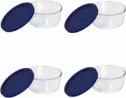 New! (Pack of 4) Pyrex Storage 7-Cup Round Glass Food Storage Dish Blue Lids