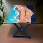 Blue Ocean Wave Themed Epoxy Resin Dining Table Top Acacia Wood Farmhouse Table