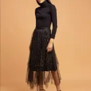 Anthropologie Eva Franco Zelda Metallic Maxi Skirt Black Tulle Gold Dots Size 0