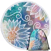 White Flower Drawings over Colorful Background Round Beach Towel