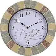 Outdoor Garden Wall Clock, 14 Inch Resin Thermometer and Hygrometer Weatherproof Clock Retro Garden Clock with Waterproof Ring and Waterproof Cover Quartz Clock