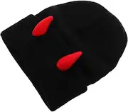 [WRITWAA] Halloween Beanie Warm and Fashionable Demon Hat with Horns Warm Crochet Cap Ideal for Parties Outdoor Activities and Everyday Wear Black